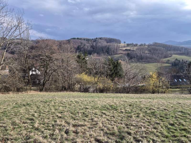 Blick über ein Wiesengrundstück auf bewaldete Hügel und eine weite Landschaft unter bewölktem Himmel.