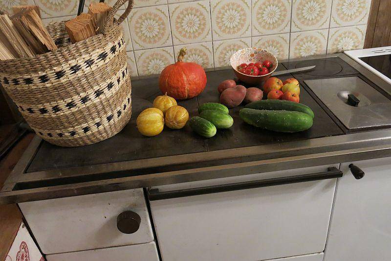 Traditioneller Holzofen mit frischem Gemüse und Brennholz, umgeben von gemusterten Fliesen in der Küche.