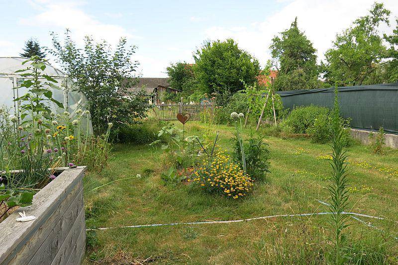 Weitläufiger Garten mit Rasenflächen, einem Gewächshaus und verschiedenen Pflanzen, die zum Anbau einladen.