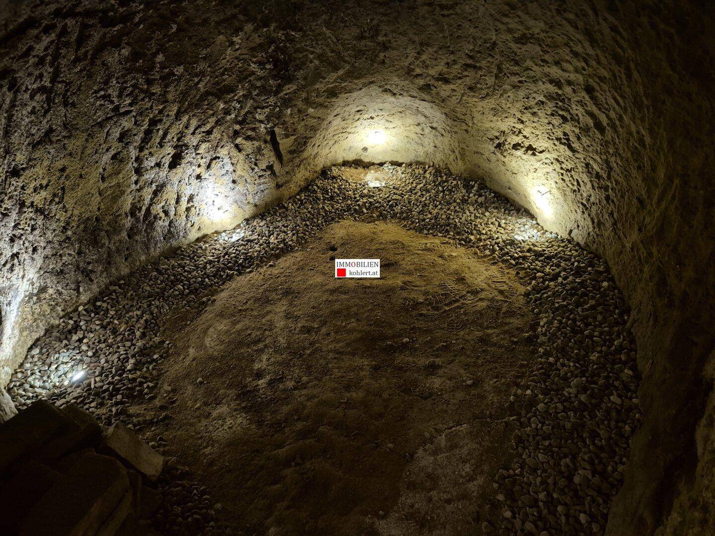 Unausgebauter Kellerbereich mit natürlichem Fels und Kiesboden, beleuchtet von Spots.