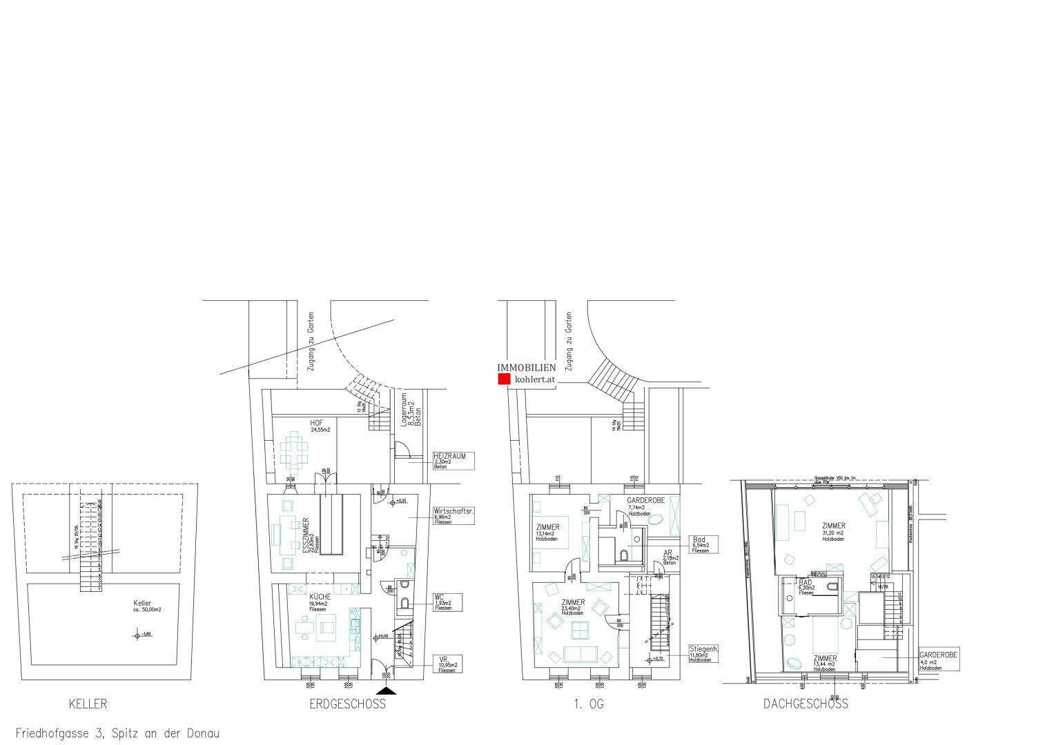 Detaillierter Grundrissplan des Kellers, Erdgeschosses, ersten Obergeschosses und Dachgeschosses.