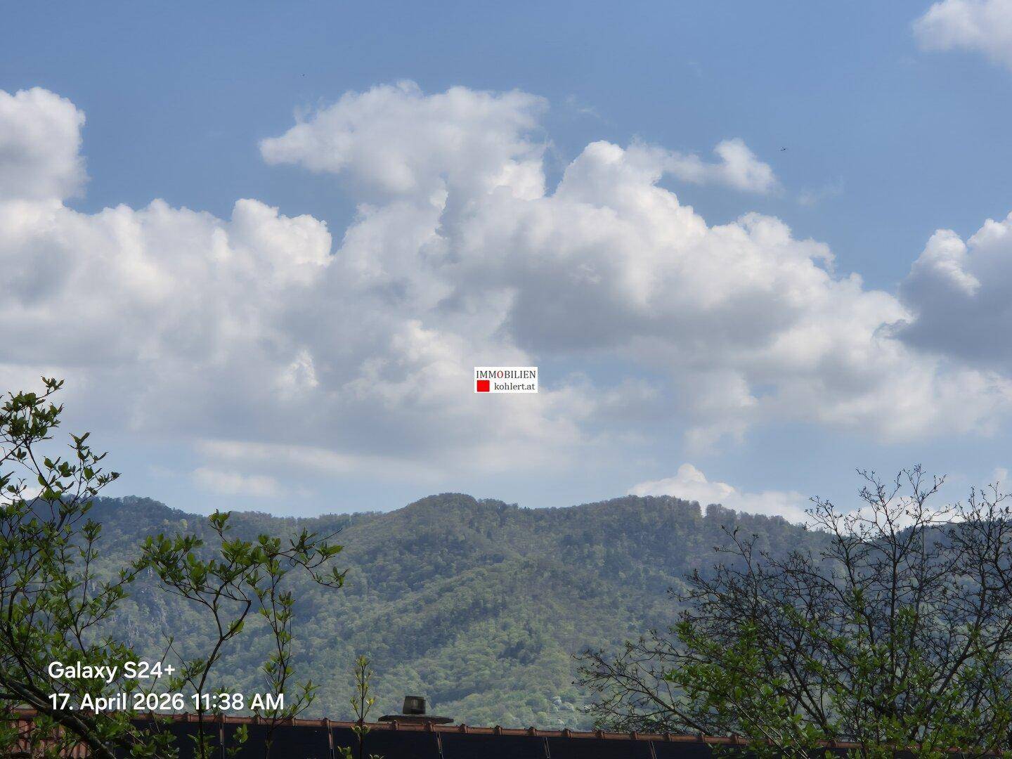 Panoramablick auf bewaldete Berge unter einem blauen Himmel mit weißen Wolken.