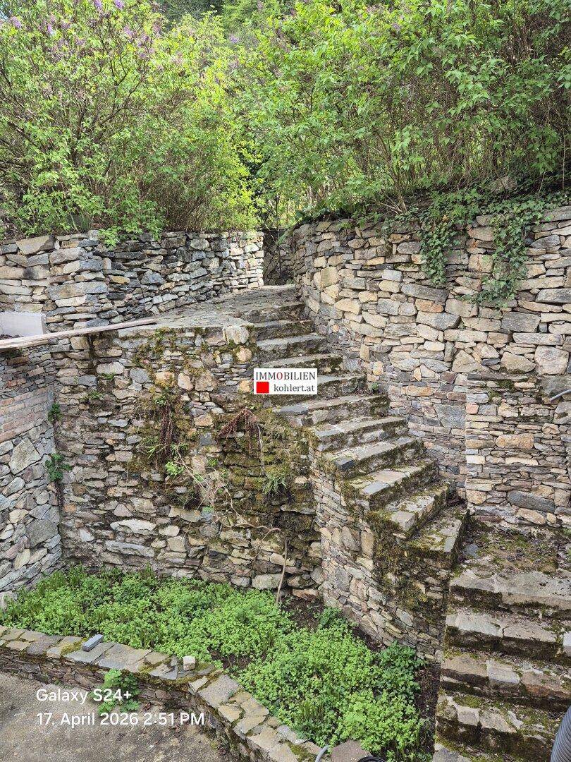 Historische Steintreppe und Mauern in einem verwachsenen Gartenbereich mit viel Grün.