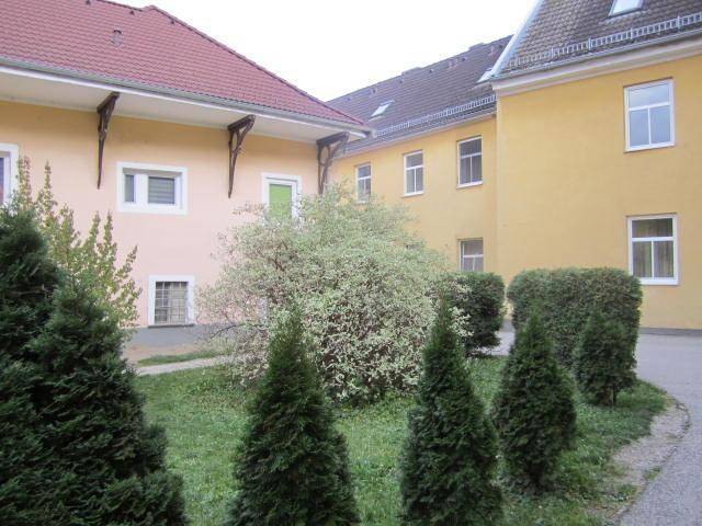 Grüner Innenhof mit Rasenflächen, Sträuchern und gepflastertem Weg zwischen den Gebäuden.