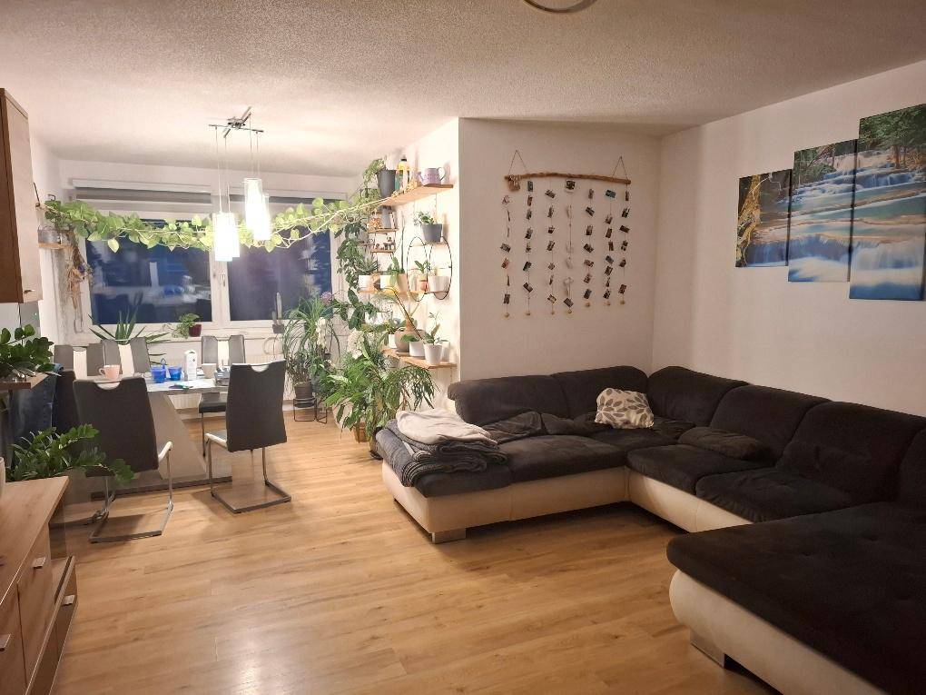Gemütlicher offener Wohn-Essbereich mit großem Ecksofa, Esstisch und vielen Zimmerpflanzen auf Holzfußboden.