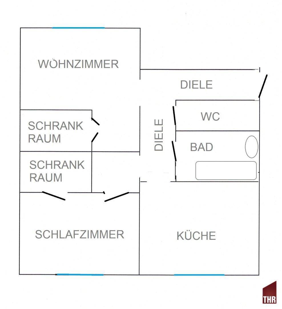 Grundriss zeigt die Aufteilung der Wohnung mit Wohnzimmer, Schlafzimmer, Küche und separatem Bad und WC.