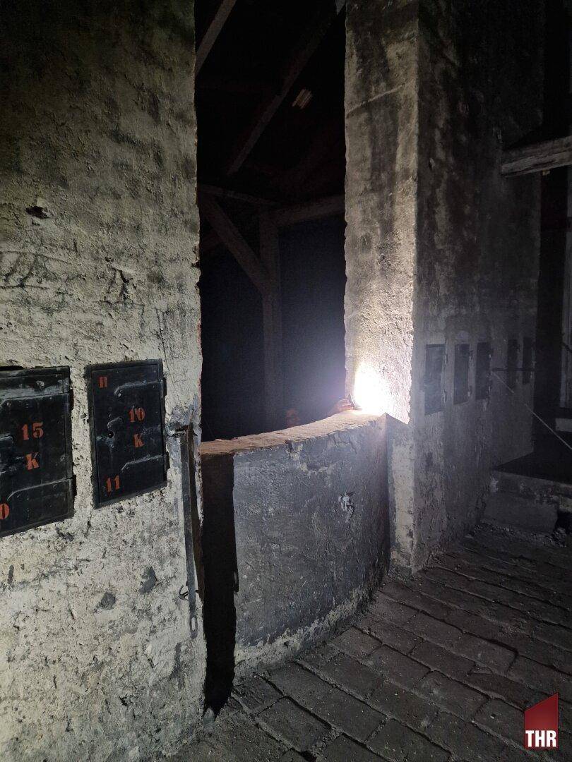 Dunkler Dachbodenbereich mit alten Ziegelwänden und Metalltüren, beleuchtet von einer Lichtquelle.