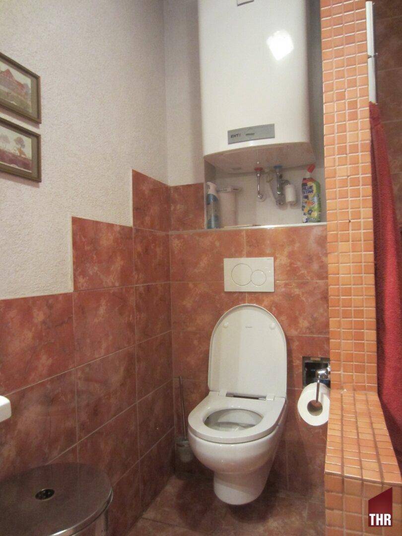 Separate Toilette mit Wand-WC und einem Warmwasserboiler an der Wand.