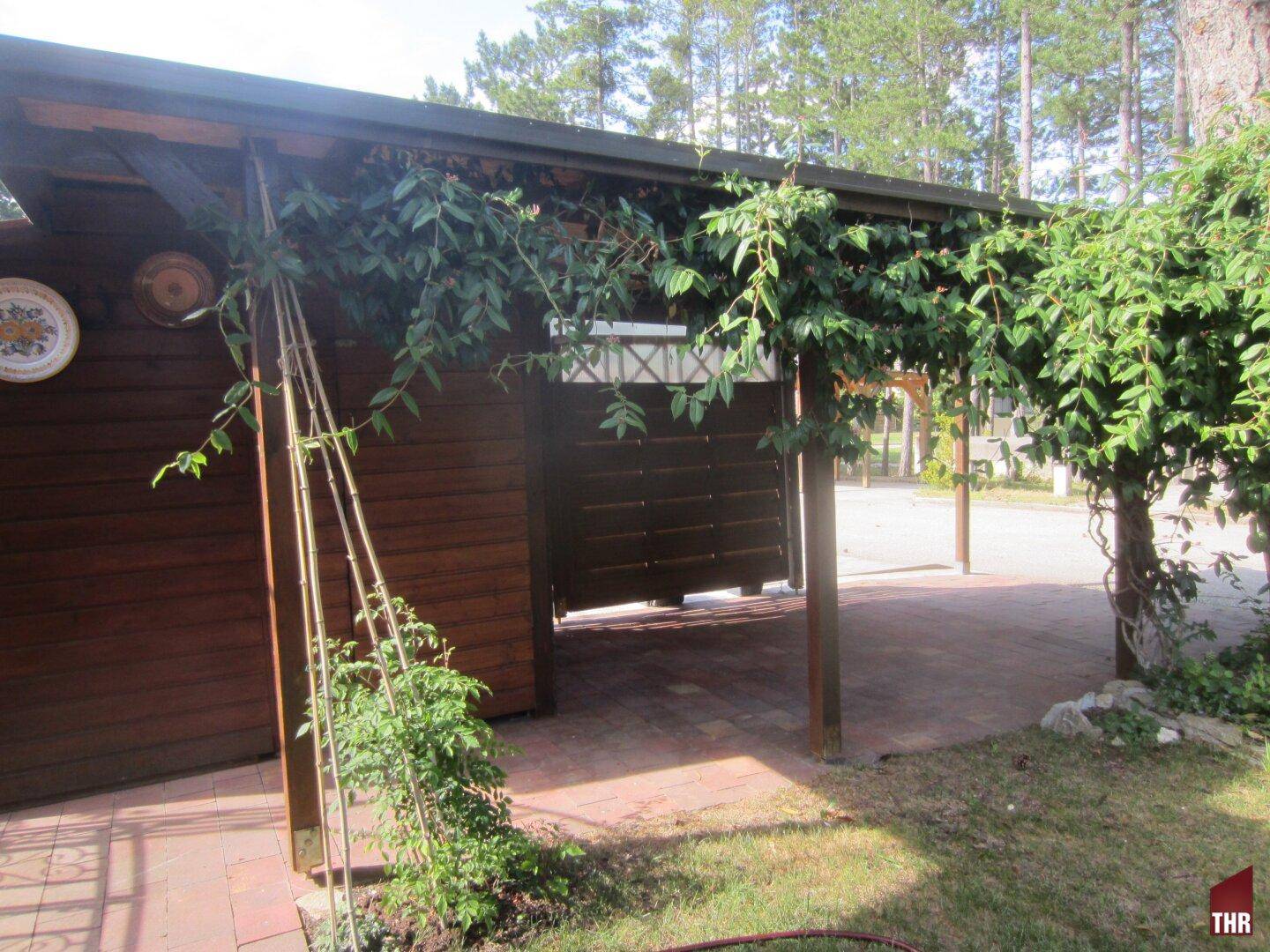 Überdachter Stellplatz oder Carport mit Holzwänden und Rankpflanzen an den Säulen.
