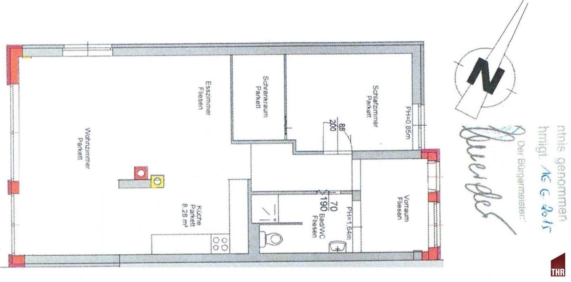 Grundrissplan mit Zimmeraufteilung, inklusive Wohnzimmer, Schlafzimmer und Bad/WC.