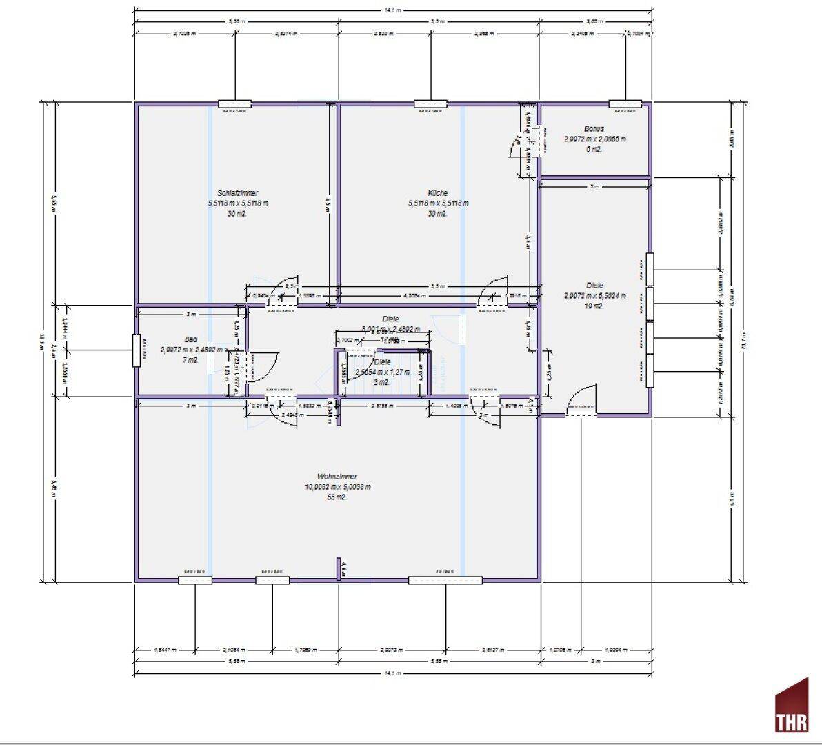 Grundriss des Erdgeschosses mit Wohnzimmer, Küche, Schlafzimmer und Diele.