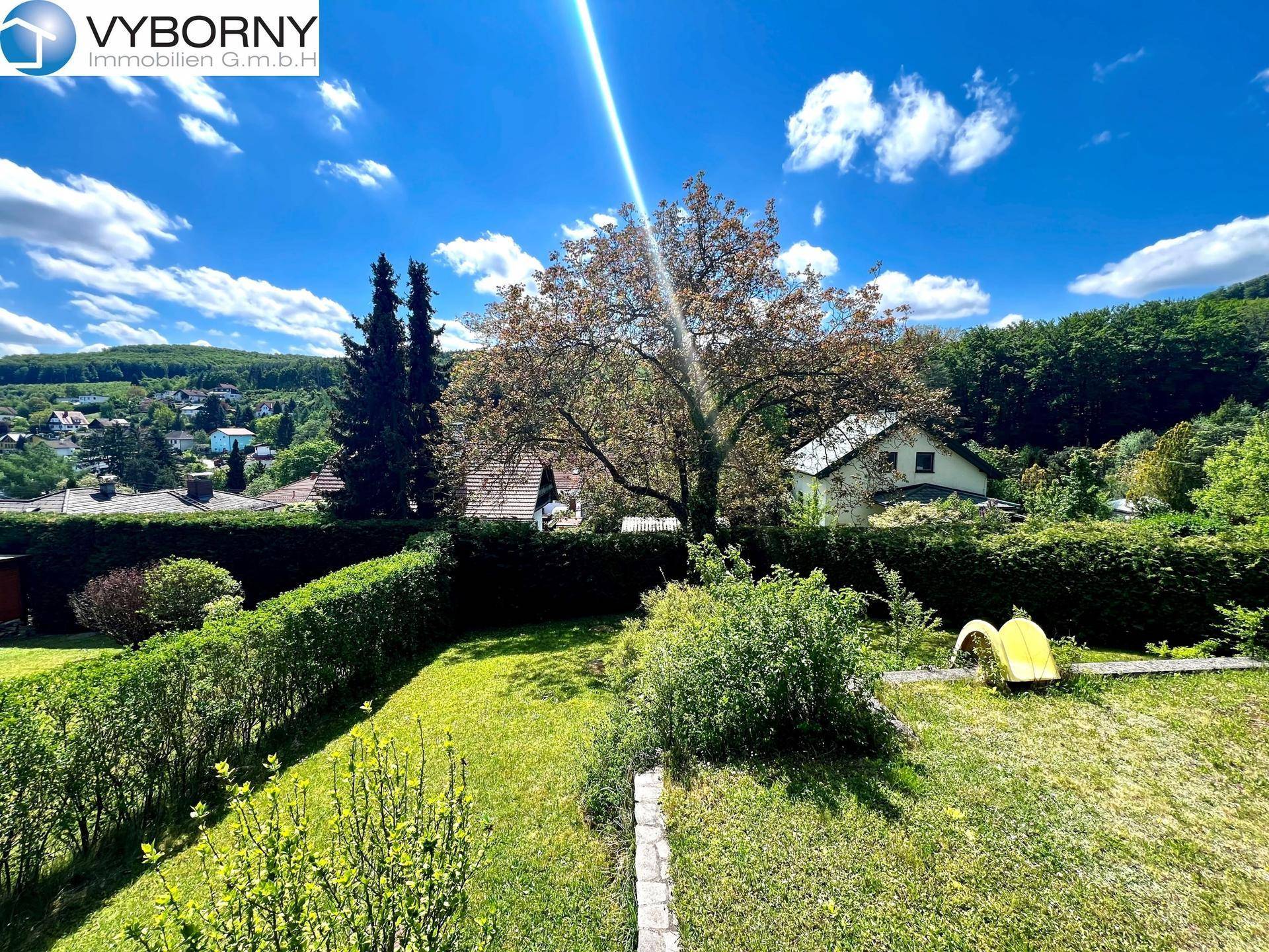 Gepflegter Garten mit Rasen, hohen Hecken und weitem Blick auf die bewaldete Hügellandschaft.
