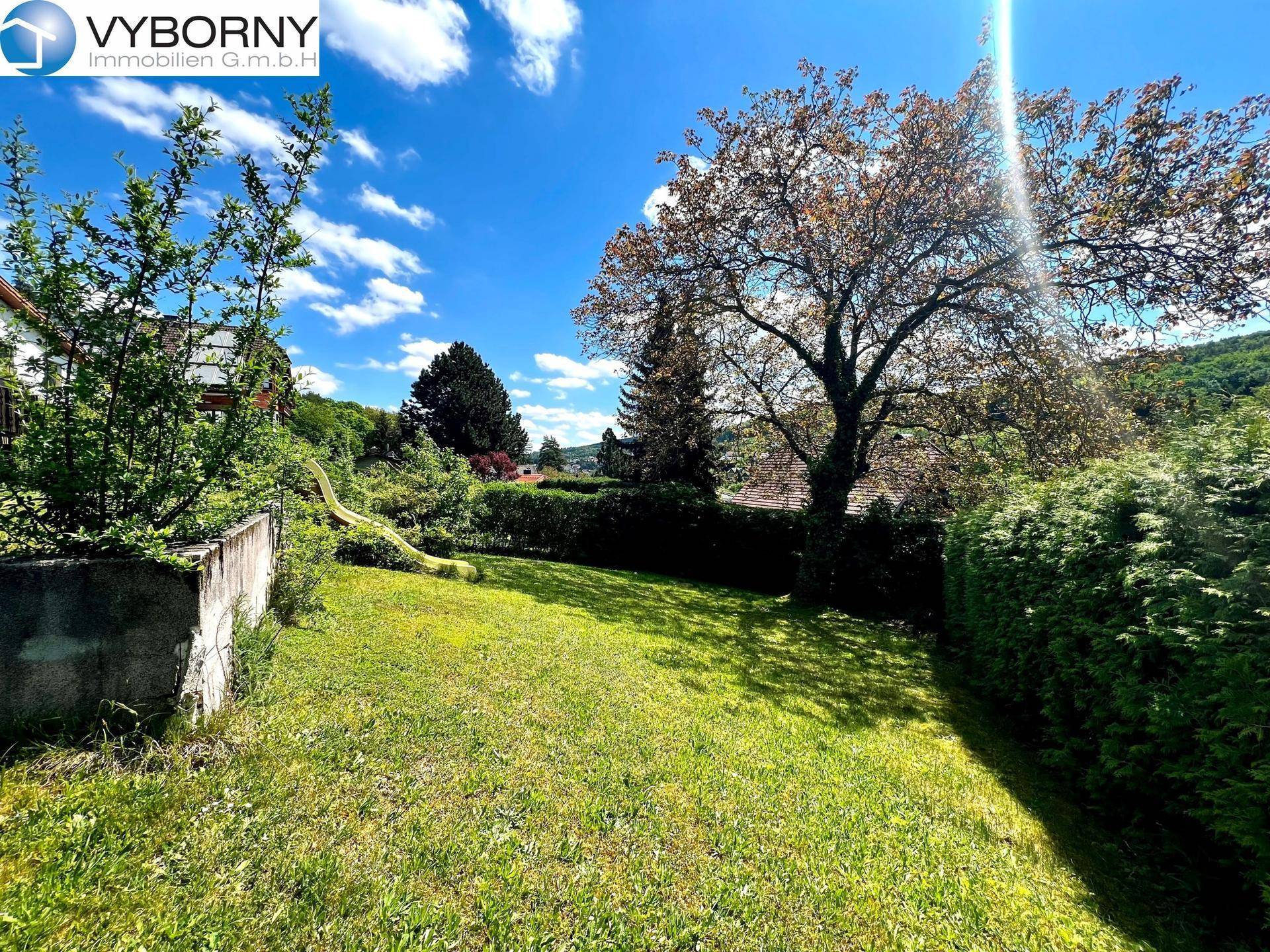 Großer Gartenbereich mit Rasen, Bäumen, Hecken und einer gelben Kinderrutsche im Hintergrund.