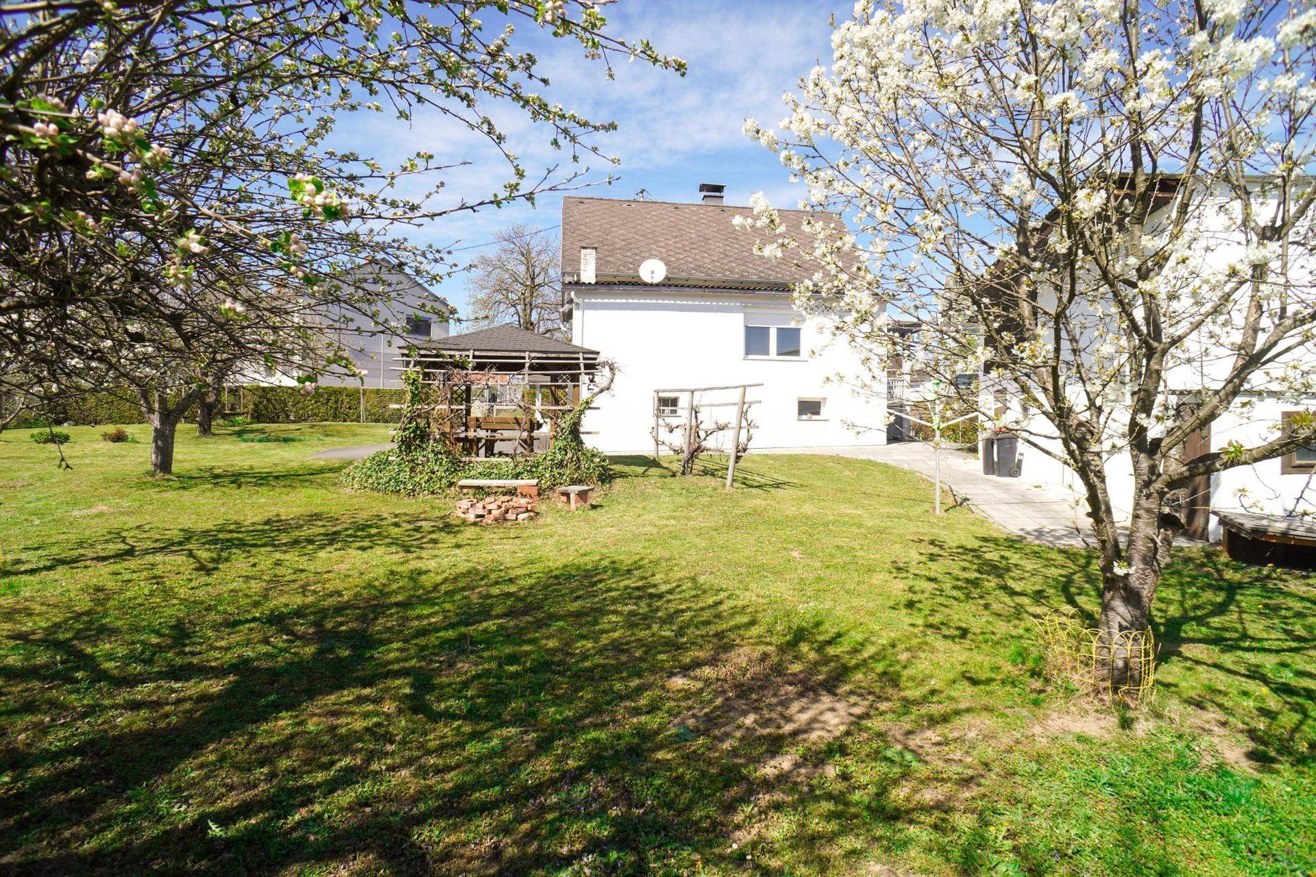 Großer grüner Garten mit blühenden Bäumen und einem gemütlichen Holzpavillon im Hintergrund.