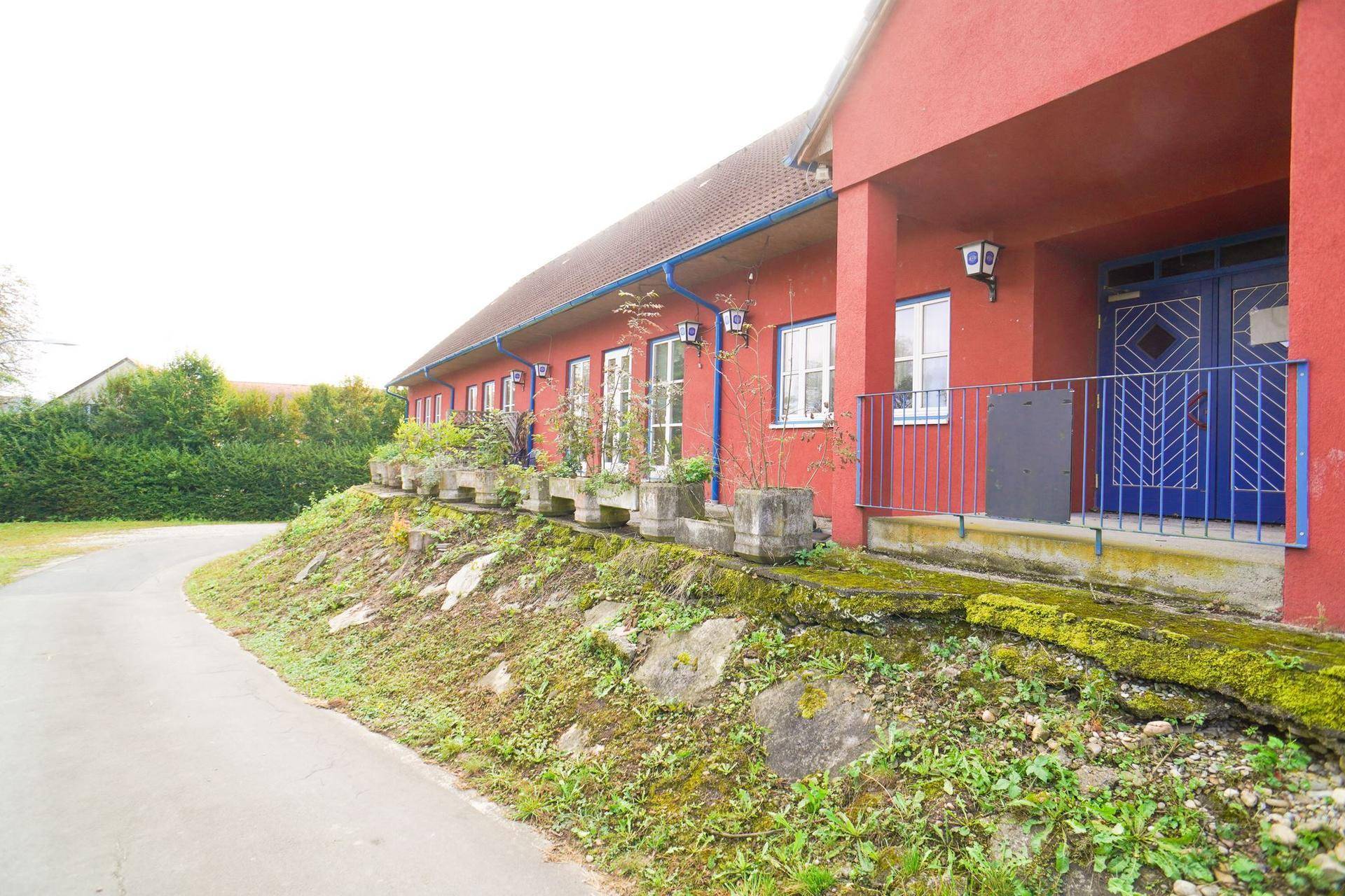 Seitlicher Außenbereich mit gepflastertem Weg, Pflanzenkübeln und blauen Regenrinnen.
