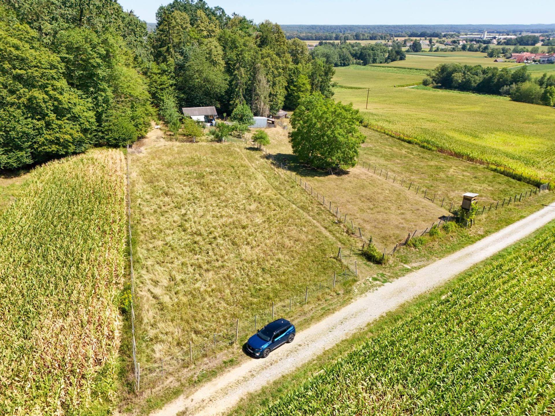 Luftaufnahme des Anwesens mit umliegenden Feldern, Wald und einem kleinen Gebäude.