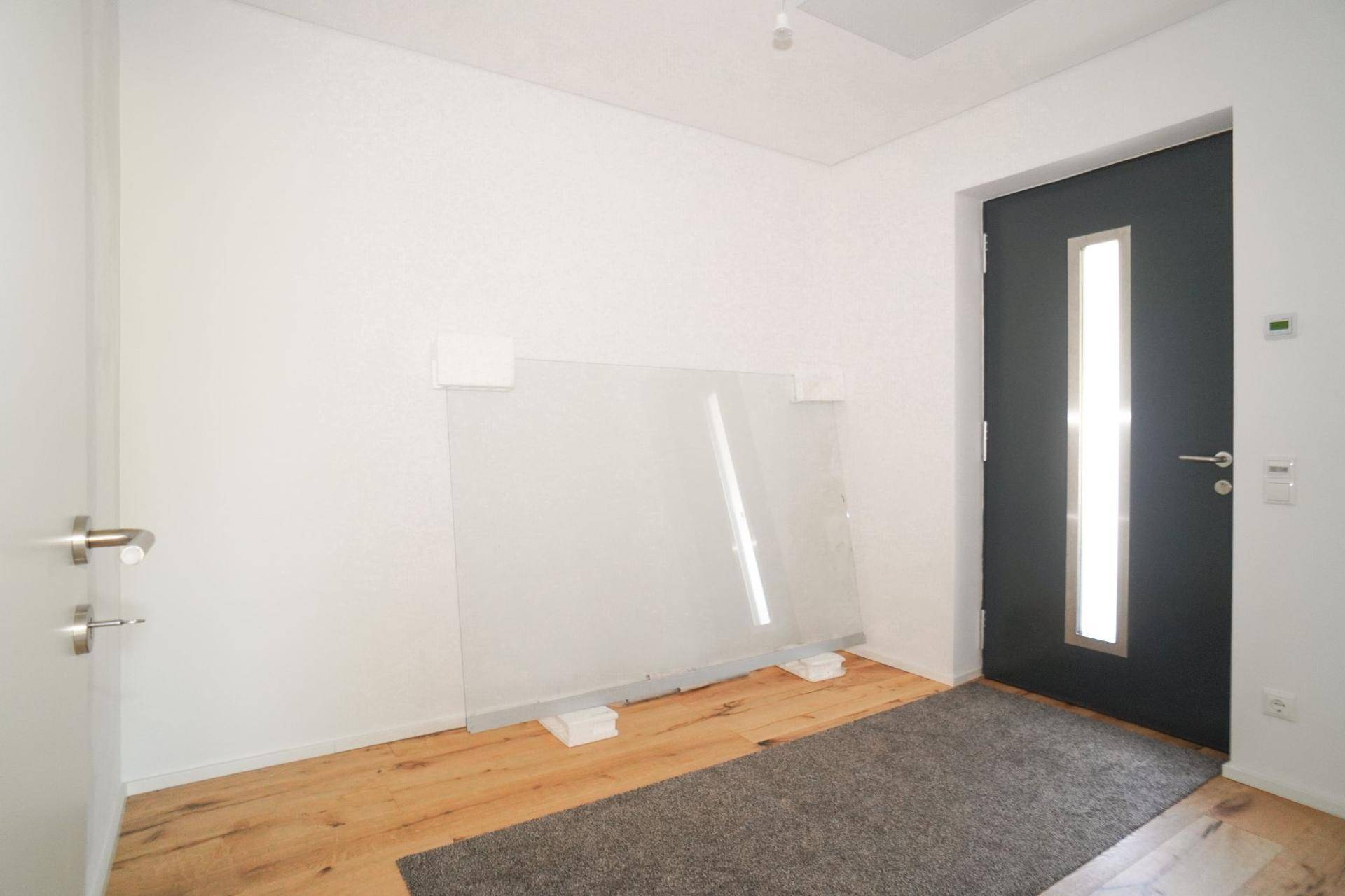 Eingangsbereich mit Holzboden, dunkler Haustür und einer großen Glasscheibe an der Wand.