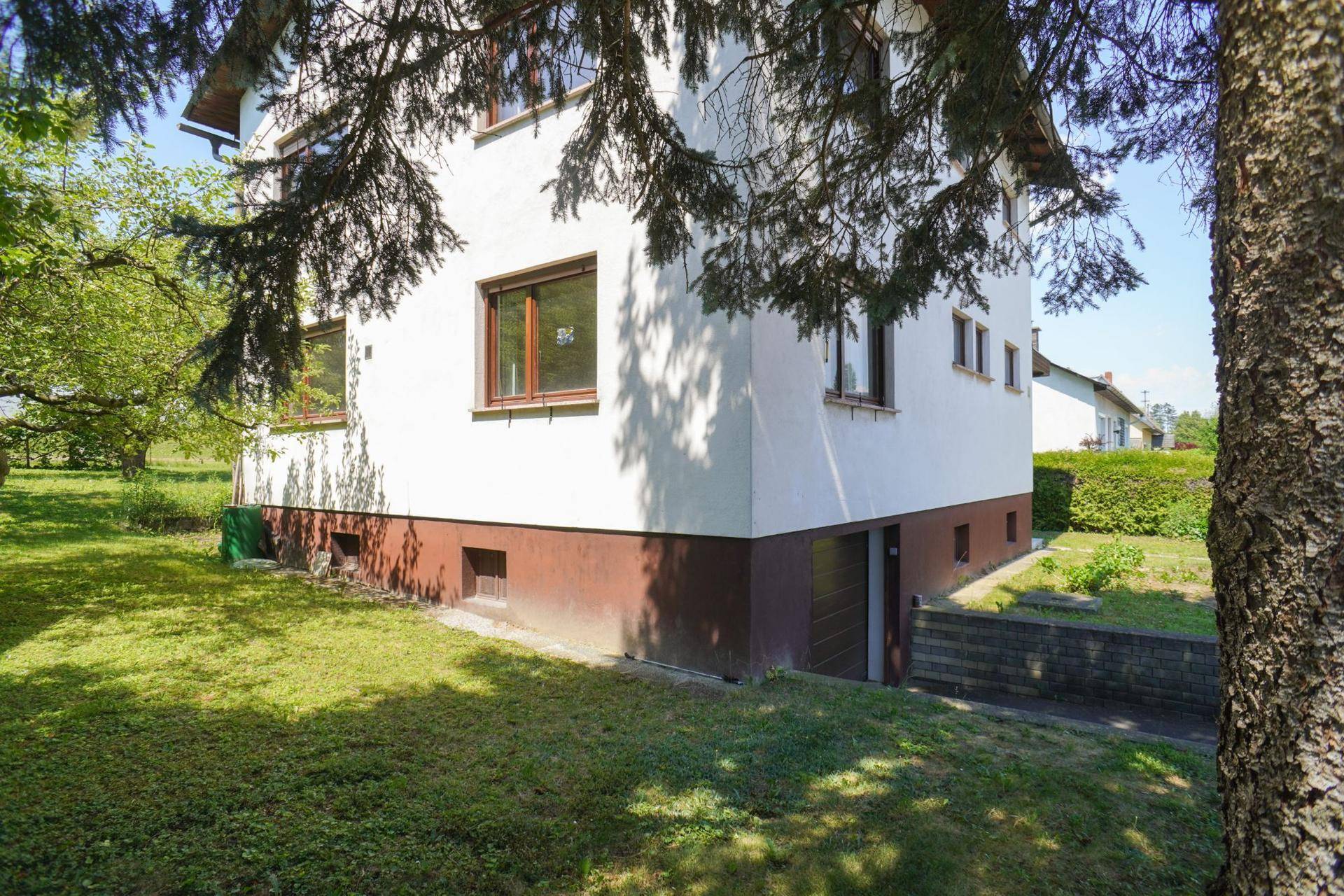 Seitenansicht des Hauses mit weißer Fassade, braunem Sockel und grünem Gartenbereich unter Bäumen.