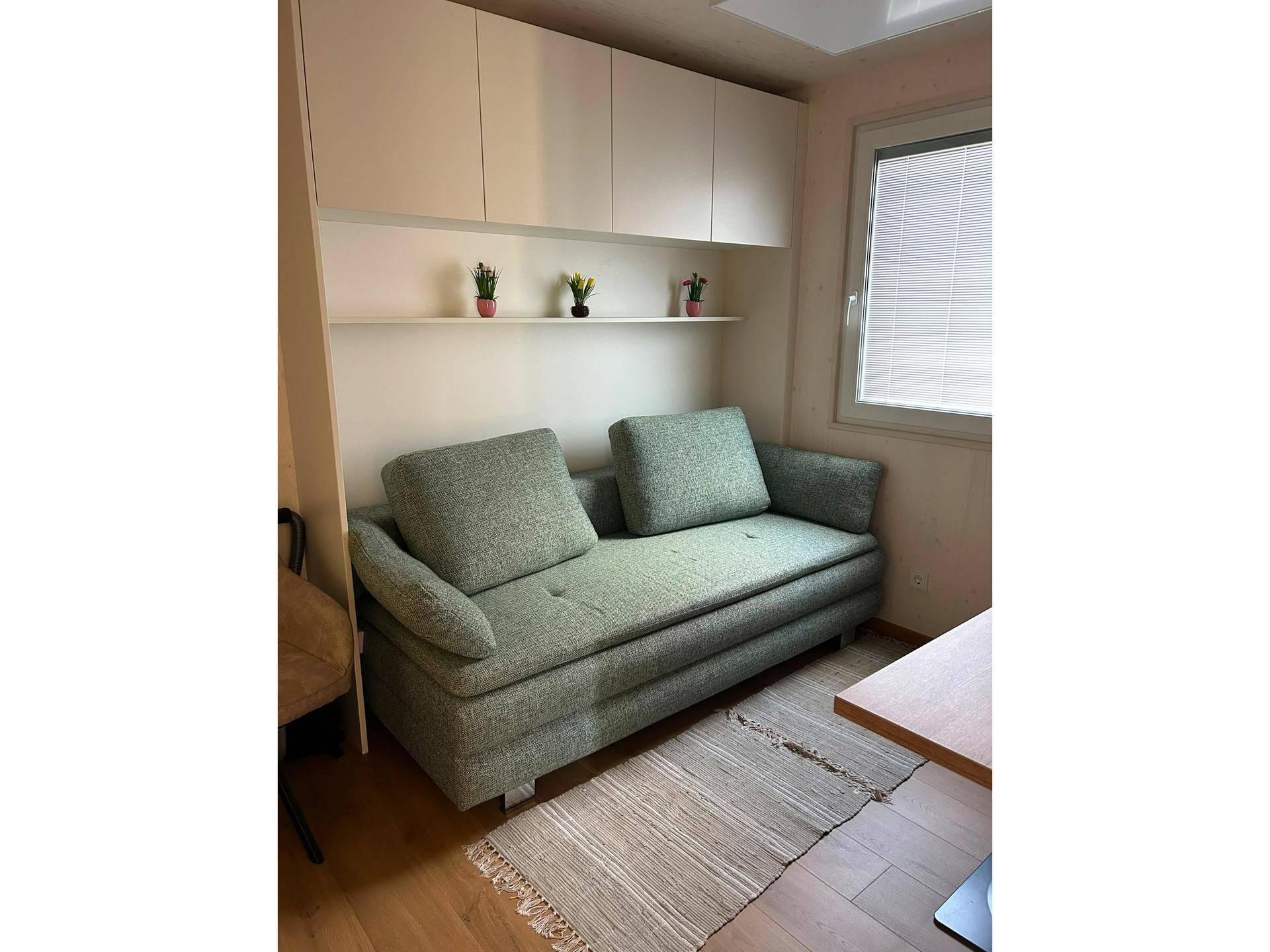 Helles Wohnzimmer mit grünem Sofa, Holzfußboden und praktischen Wandregalen.