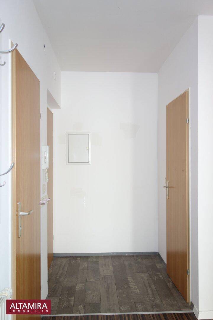 Heller Flur mit Holztüren und dunklem Laminatboden, der zu den verschiedenen Räumen führt.
