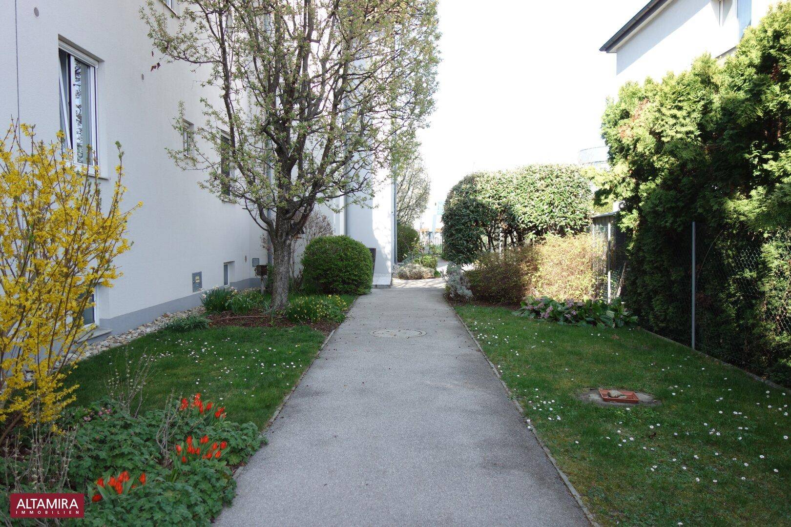 Gepflegter Gartenweg zwischen grünen Rasenflächen und blühenden Sträuchern, der zum Haus führt.