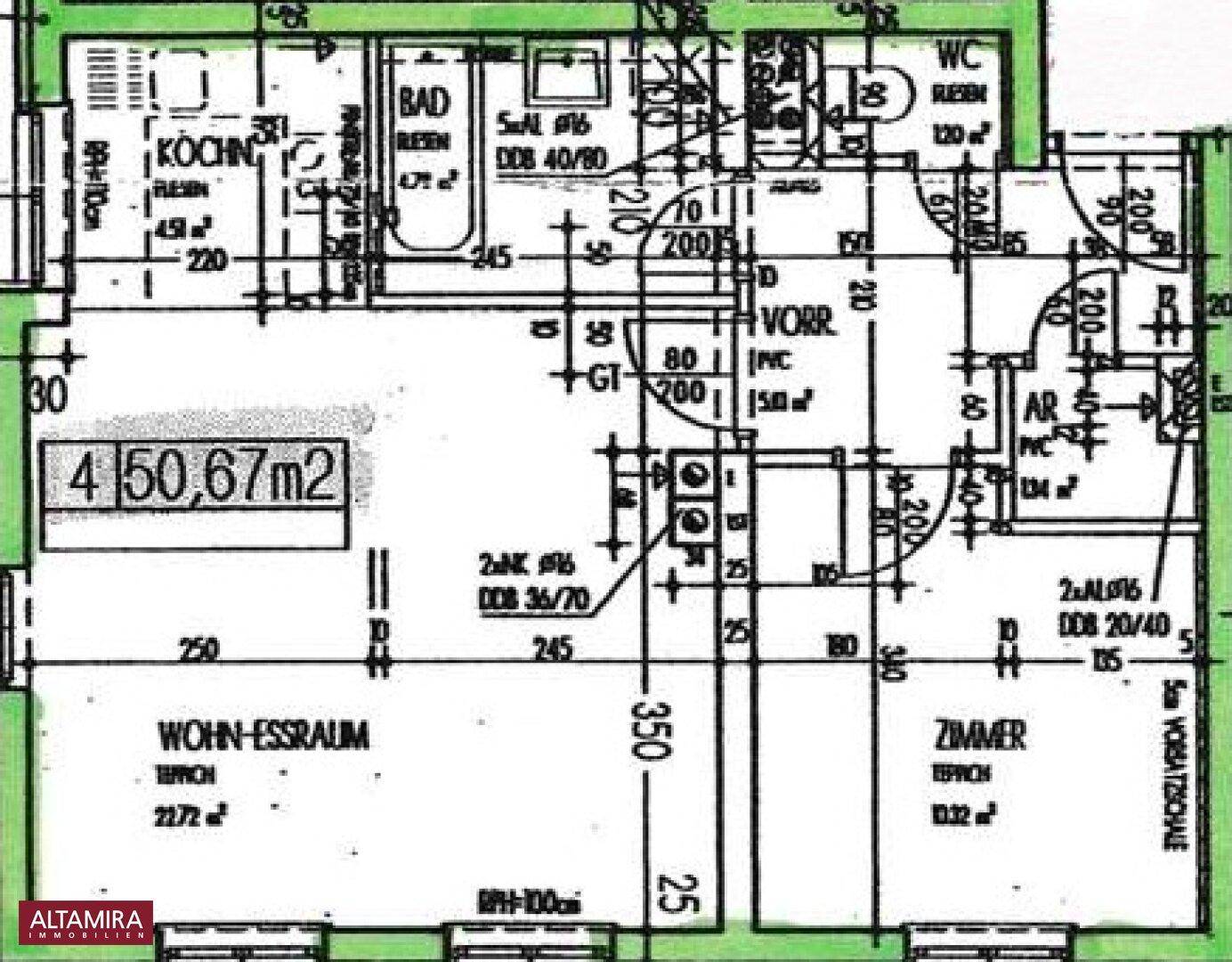 Detaillierter Grundriss einer Wohnung mit Wohn-Essbereich, Küche und Bad.