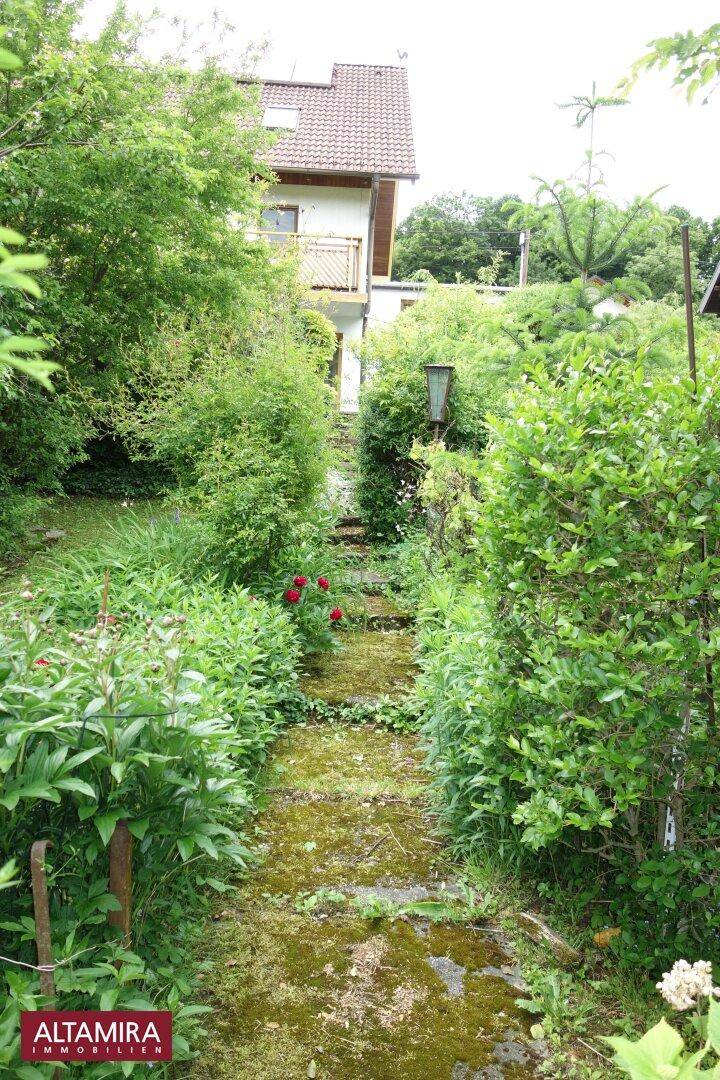 Langer Gartenweg mit Stufen, umgeben von dichtem Grün, führt zum Haus.