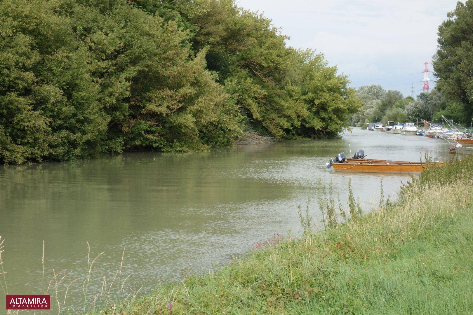 Ruhiger Flusslauf umgeben von dichtem Grün, mit einigen Booten am Ufer in der Ferne.