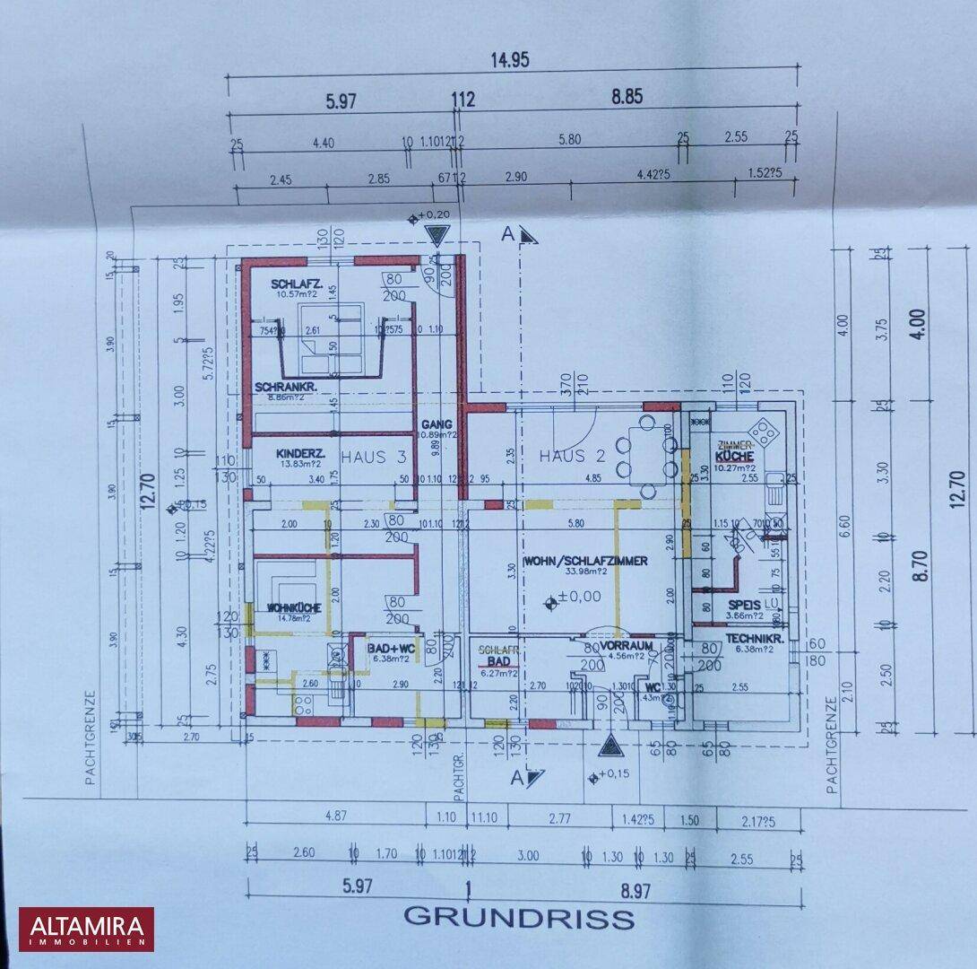Detaillierter Grundriss der Häuser 2 und 3 mit Raumaufteilung und Flächenangaben.