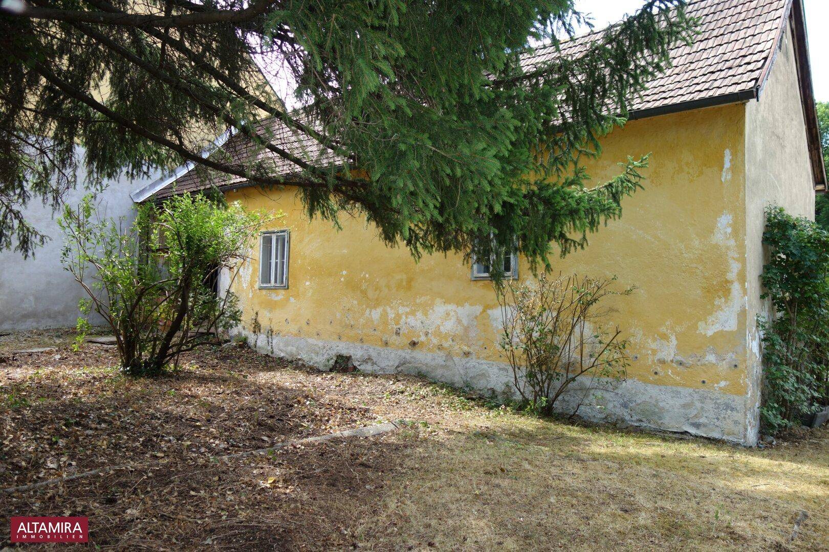 Seitenansicht eines älteren, gelb verputzten Gebäudes mit Fenstern und umgebender Vegetation.