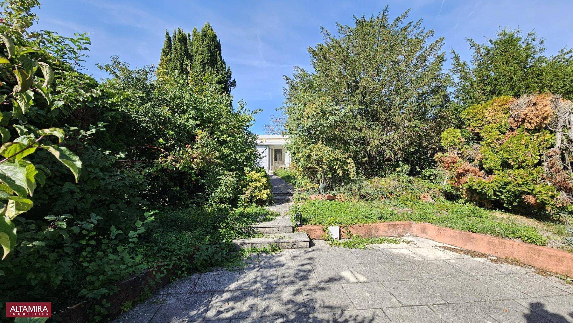 Grüner Gartenbereich mit gepflastertem Weg und Stufen, die zum Gebäude führen.