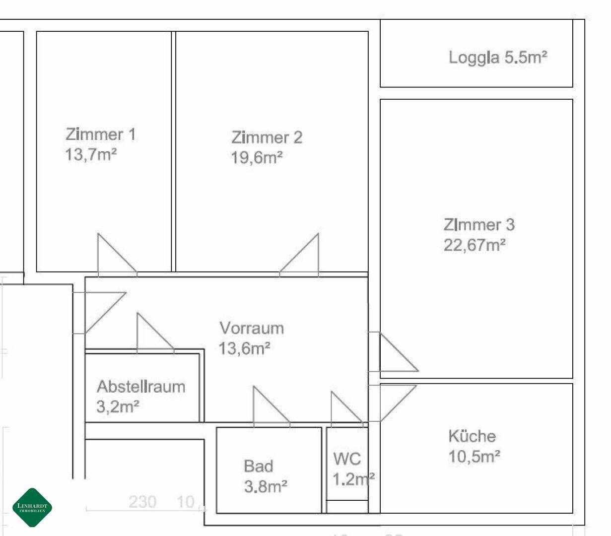 Grundriss einer Wohnung mit drei Zimmern, Loggia, Küche, Bad und separatem WC.
