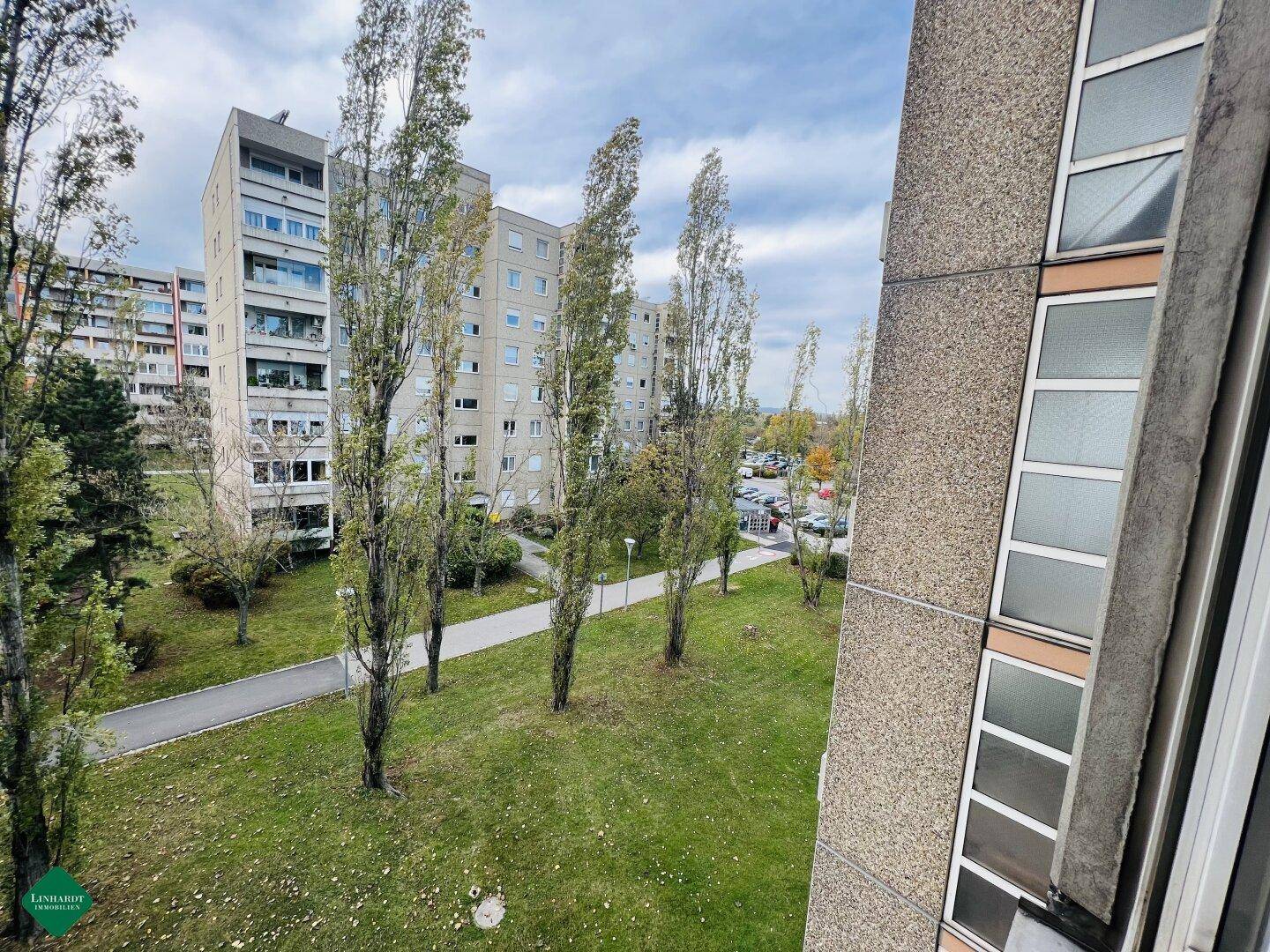 Weitläufiger Blick auf die grüne Wohnanlage mit Bäumen und Parkplätzen.