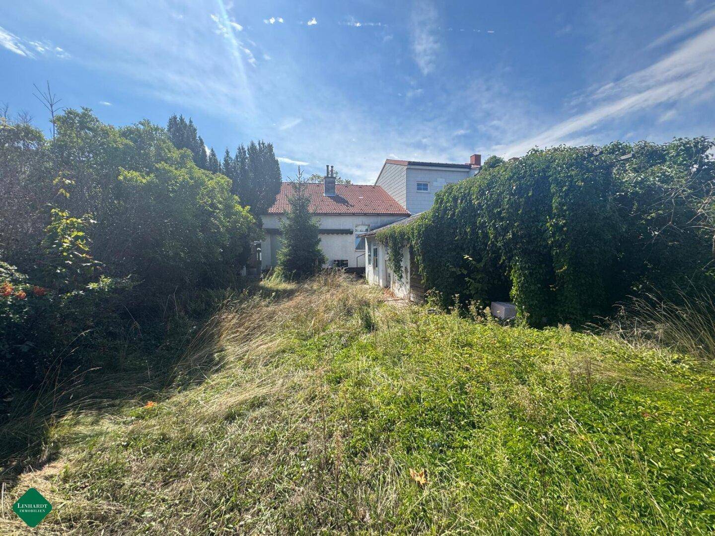 Weitläufiger Garten mit üppiger Vegetation und Blick auf die Rückseite des Hauses.