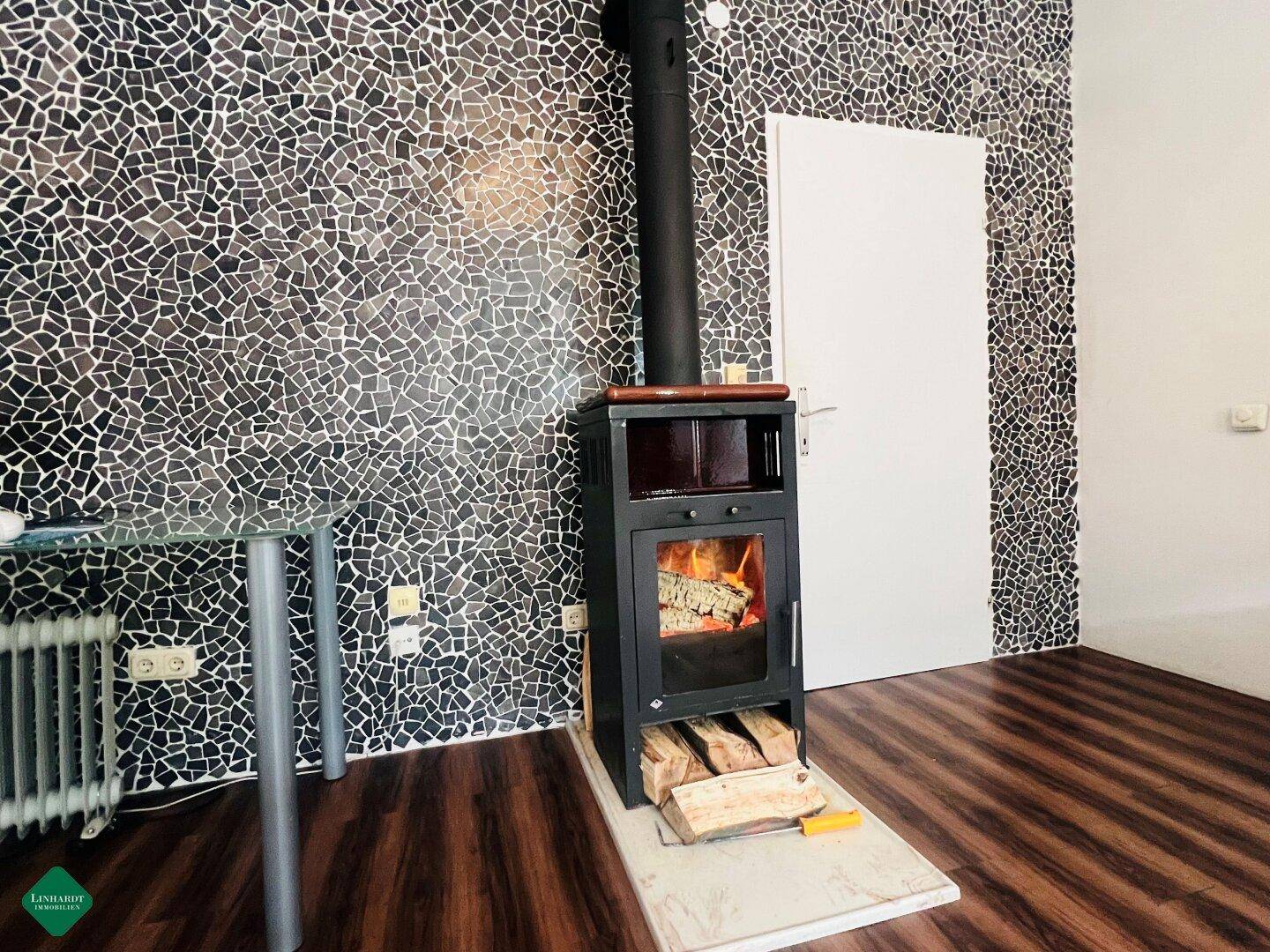 Gemütlicher Raum mit modernem Holzofen und auffälliger Mosaikwand.