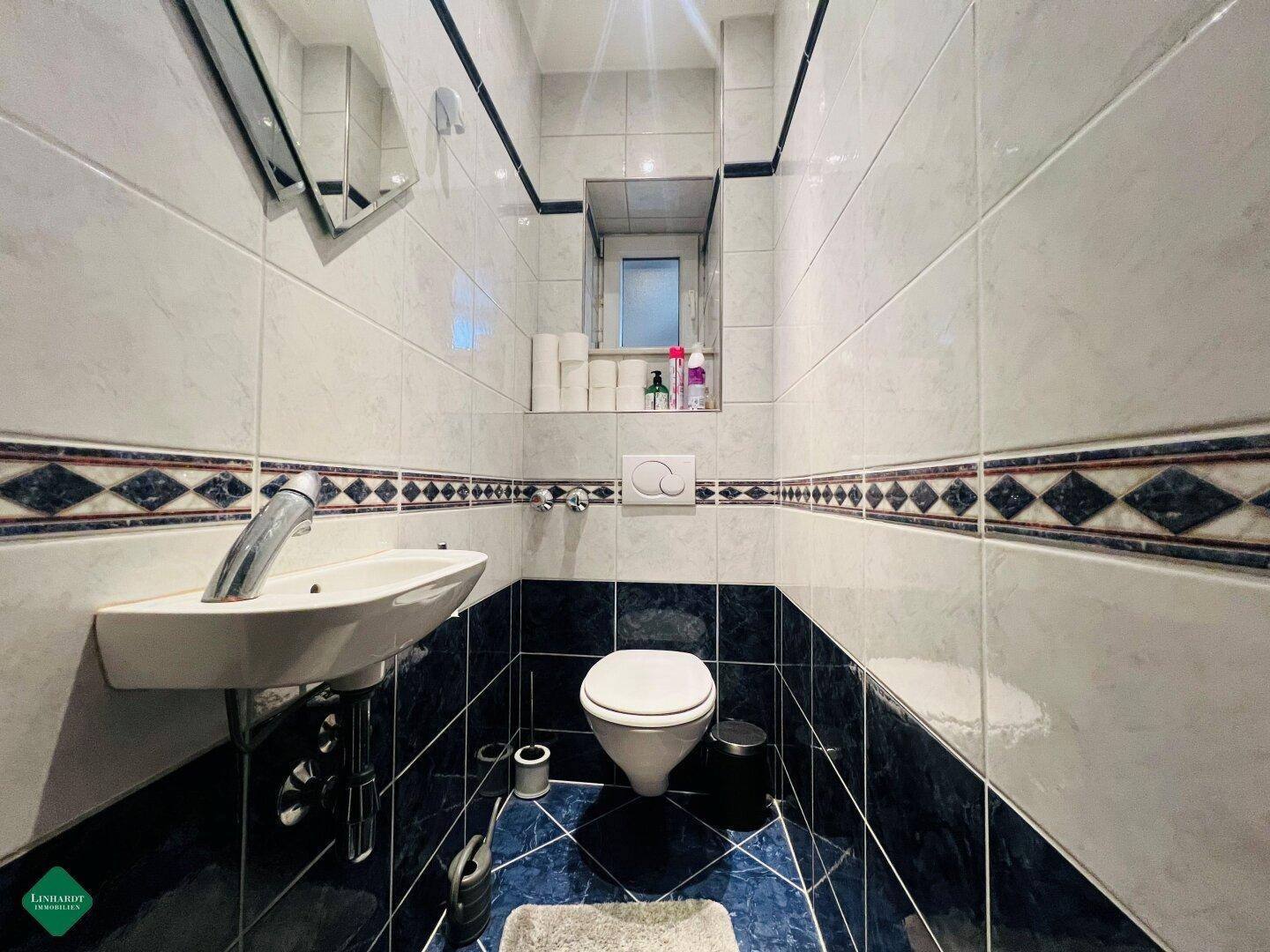Kleines Gäste-WC mit blauen und weißen Fliesen, einem Waschbecken und einer Toilette.