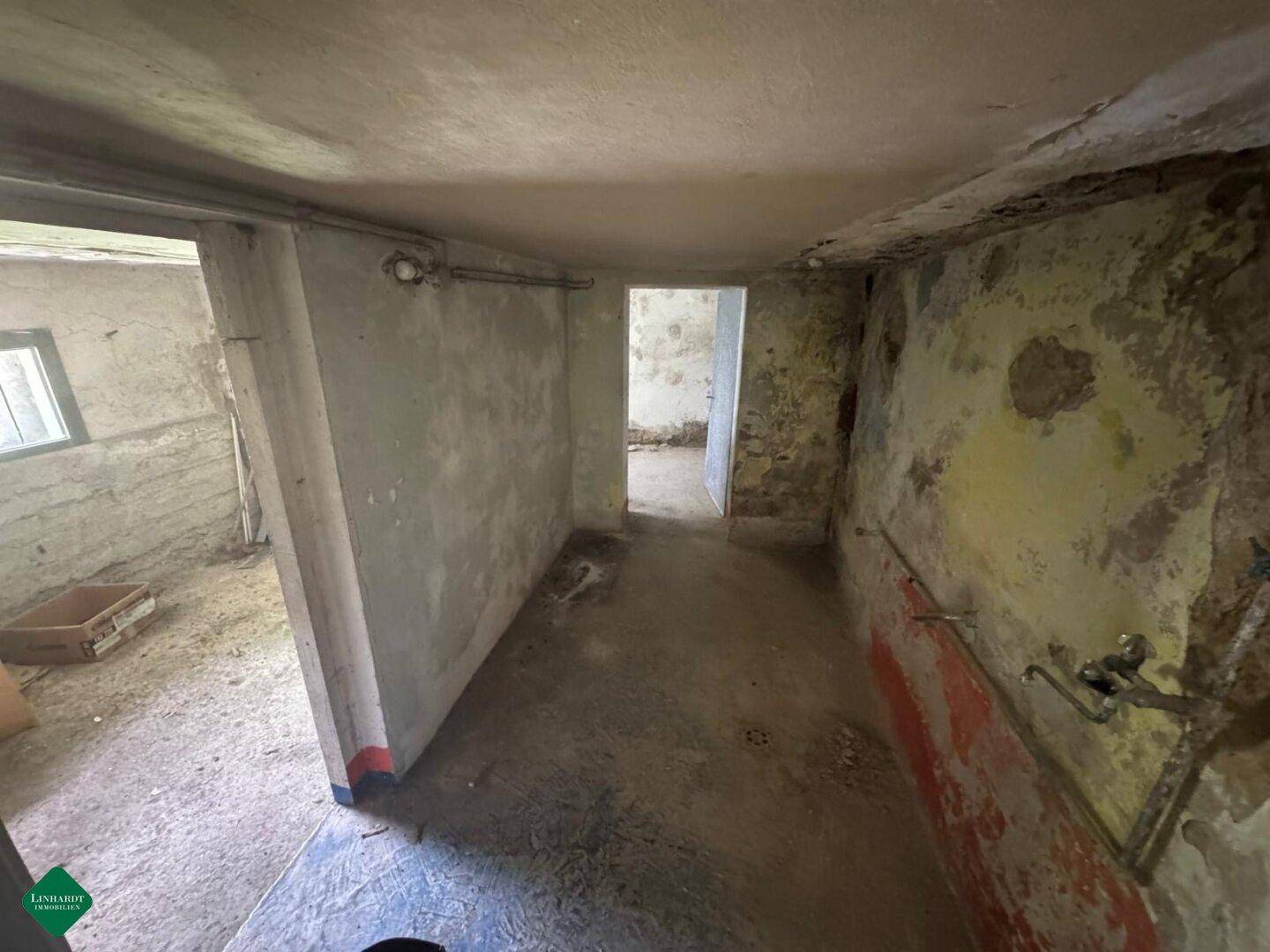 Mehrere Kellerabteile mit Betonboden und rohen Wänden, ideal als Lagerraum.
