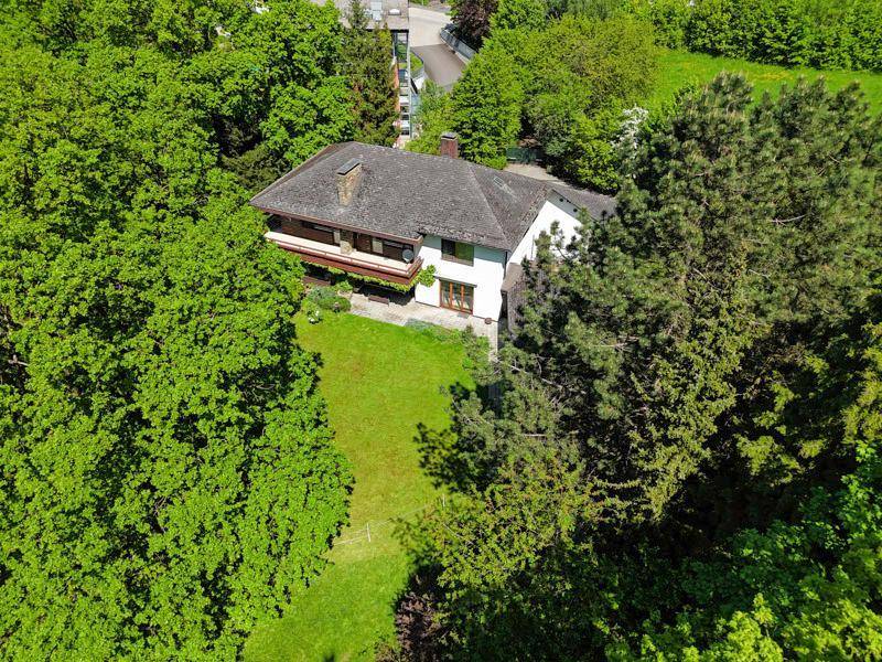 Luftaufnahme des Hauses, eingebettet in eine üppige grüne Baumlandschaft unter blauem Himmel.
