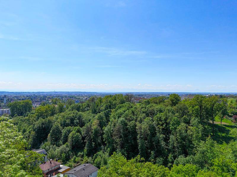 Weitläufiger Panoramablick über eine grüne Landschaft mit vereinzelten Gebäuden am Horizont.