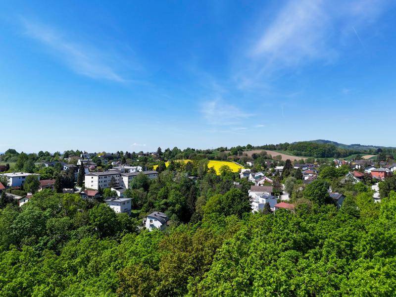 Weitläufiger Blick über eine ländliche Gegend mit Häusern, Wäldern und einem gelben Feld in der Ferne.