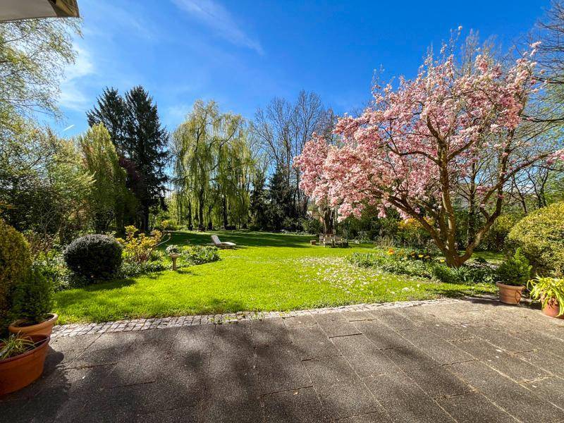 Weitläufiger, gepflegter Garten mit blühenden Bäumen und Sträuchern unter strahlend blauem Himmel.