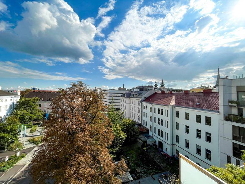 Panoramablick über die Stadt mit historischen Gebäuden und viel Grün unter blauem Himmel.