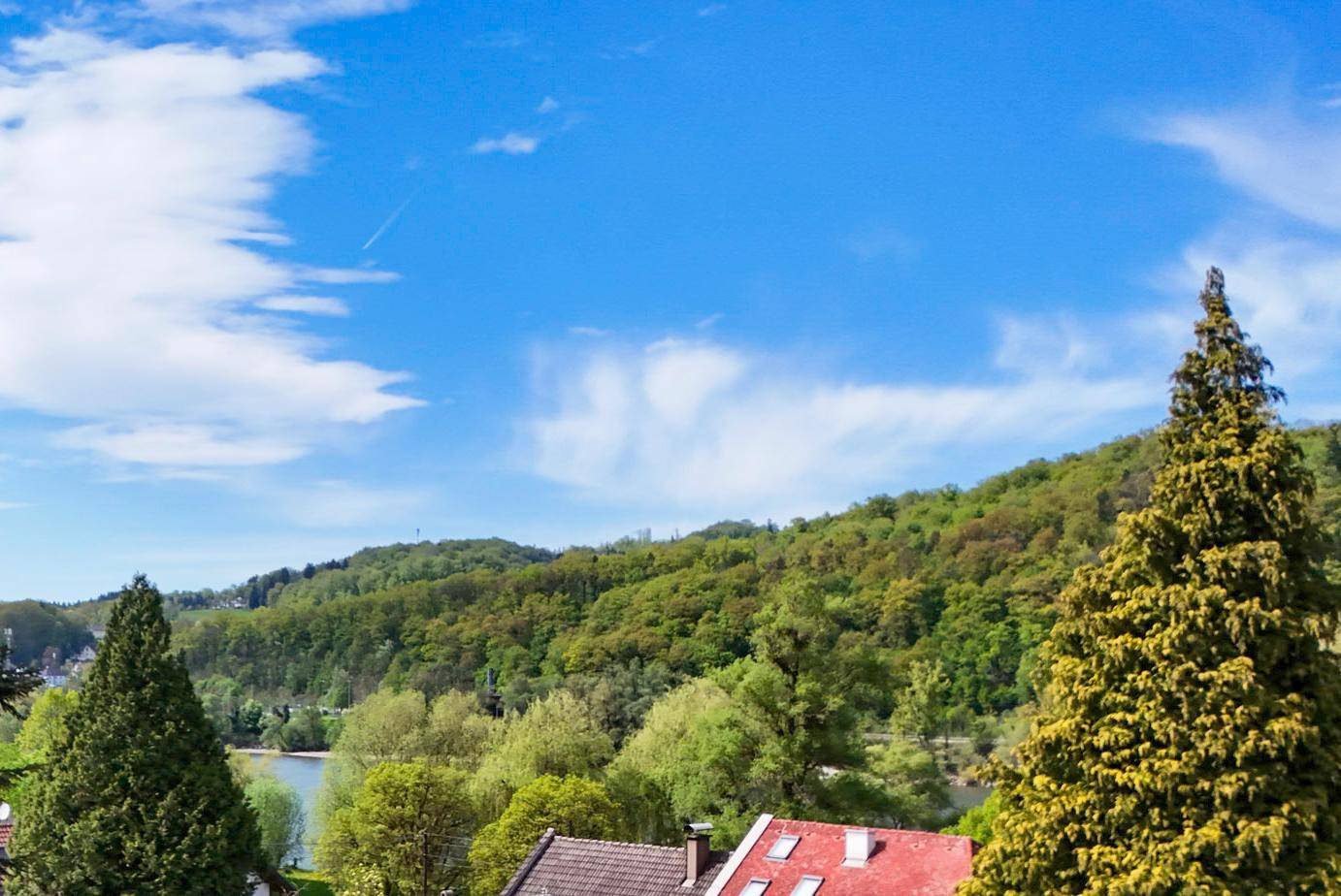 Malerischer Ausblick auf einen See und bewaldete Hügel unter blauem Himmel.