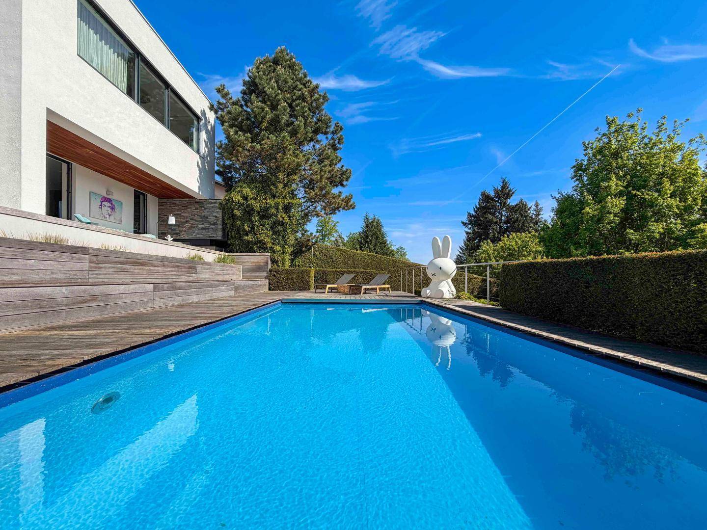 Großer Swimmingpool mit Holzdeck und gepflegter Hecke in sonniger Umgebung.