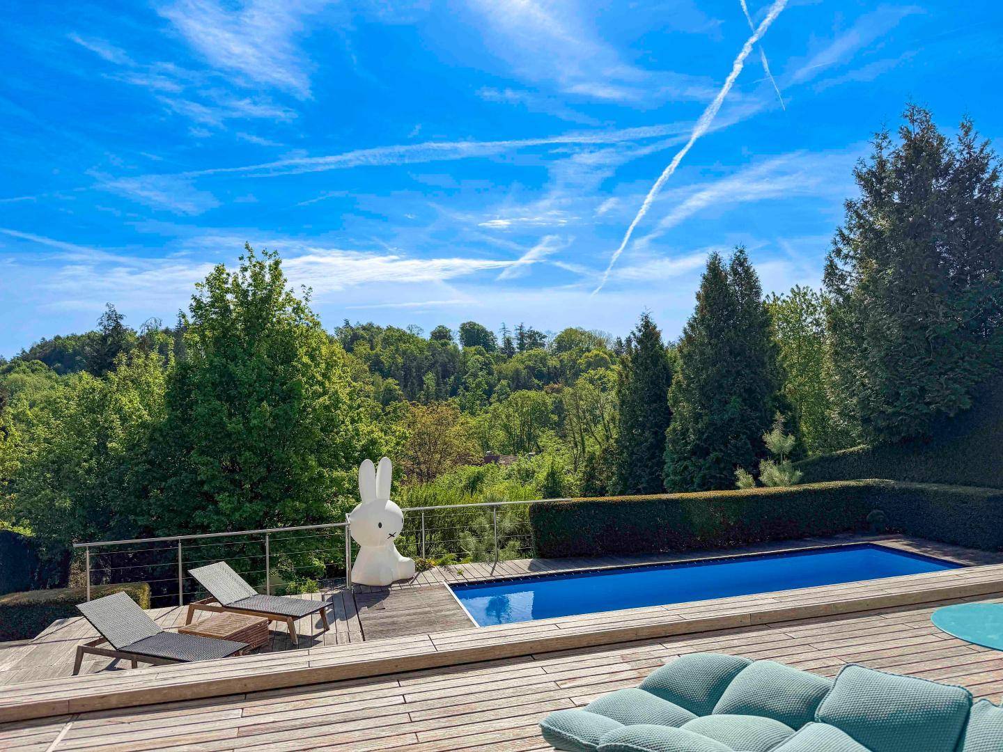 Sonniger Außenbereich mit Swimmingpool, Holzdeck und weitem Blick ins Grüne.