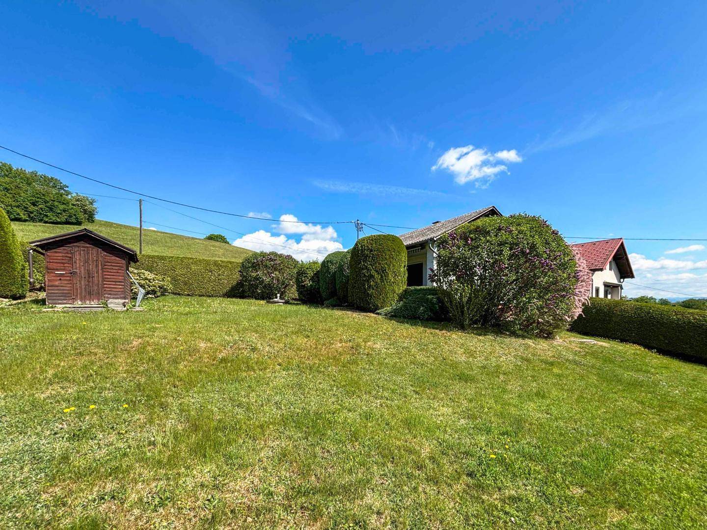 Weitläufiger Garten mit Rasen, hohen Hecken und einem kleinen Holzschuppen neben dem Wohnhaus.