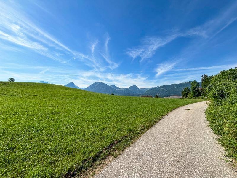 Schotterweg führt entlang einer weiten grünen Wiese mit beeindruckendem Bergpanorama im Hintergrund.