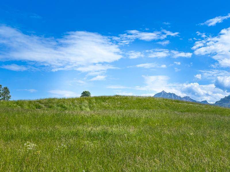Sanfter grüner Hügel unter weitem blauem Himmel mit vereinzelten Wolken und fernen Berggipfeln.