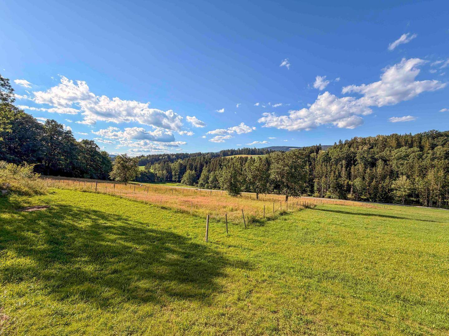 Malerische Landschaft mit weiten grünen Feldern und Wäldern unter einem strahlend blauen Himmel.