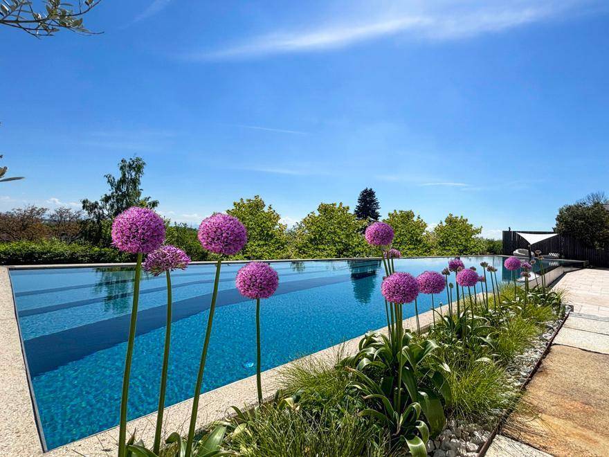 Atemberaubender Infinity-Pool umgeben von blühenden Blumen und einer weiten grünen Landschaft.